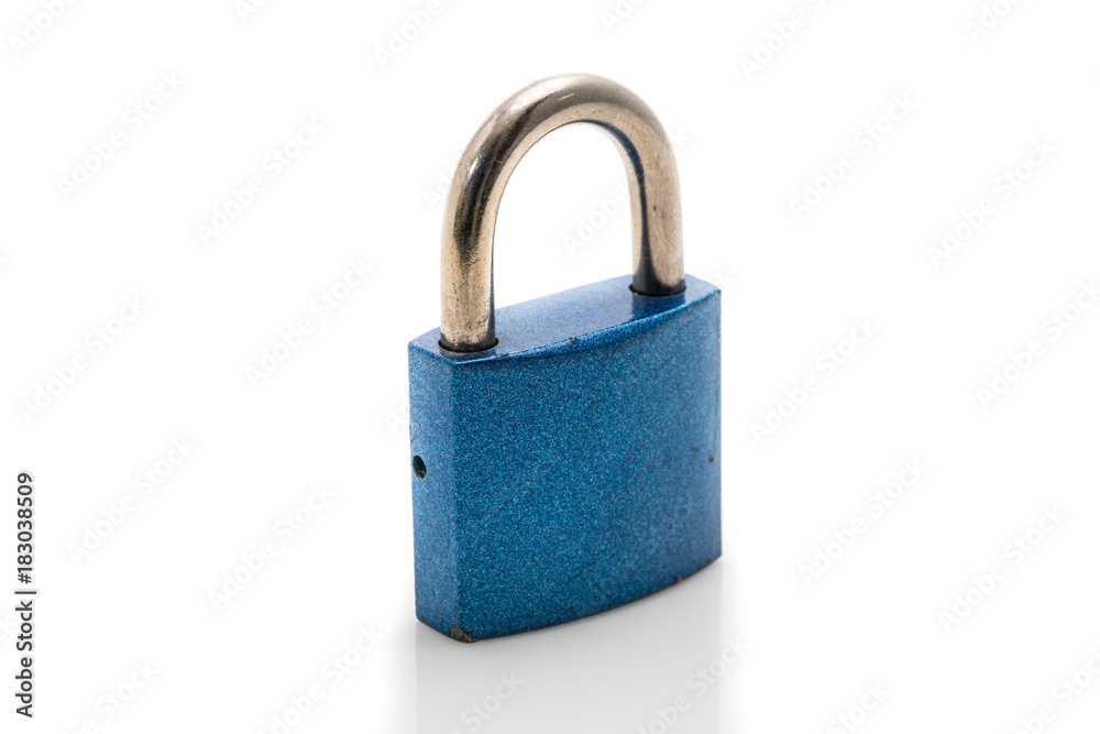 Small Blue Metal Lock, used and weathered, Studio Shot White Background Small Blue Metal Lock, used and weathered, Studio Shot White Background