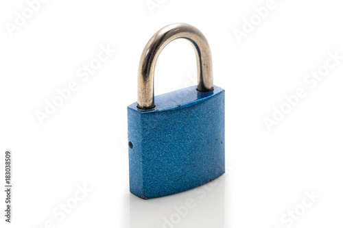 Small Blue Metal Lock, used and weathered, Studio Shot White Background