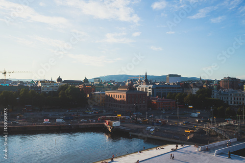 View of Oslo city, capital of Norway, with Sentrum borough, new district and harbour, view from Oslo Opera House, Eastern Norway