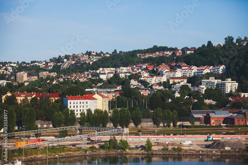 View of Oslo city, capital of Norway, with Sentrum borough, new district and harbour, view from Oslo Opera House, Eastern Norway