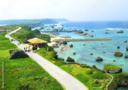 沖縄県、宮古島、東平安名崎の風景、空撮、夏