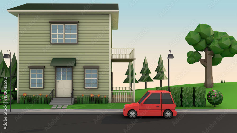 red car parking front house cartoon style 3d rendering Stock
