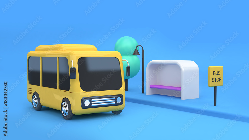 yellow bus bus stop city transportation concept cartoon 3d rendering Stock  Illustration | Adobe Stock