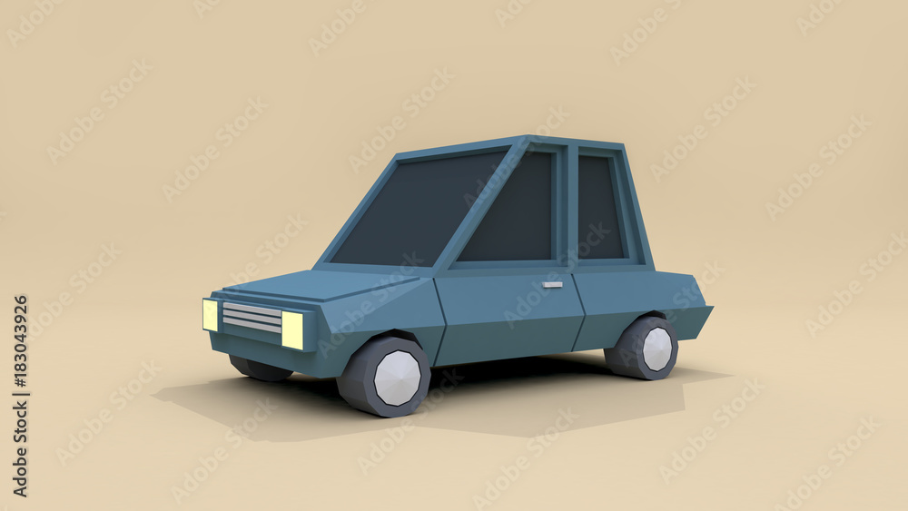 blue retro low poly car cartoon style 3d rendering cream background
