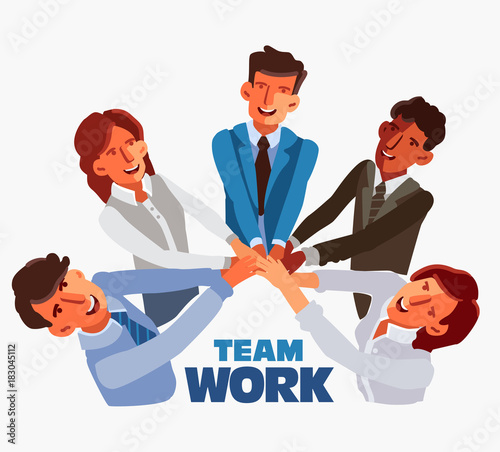 International business team in a meeting with their hands together. Communication, partnership, cooperation, collaboration and teamwork in business vector concept