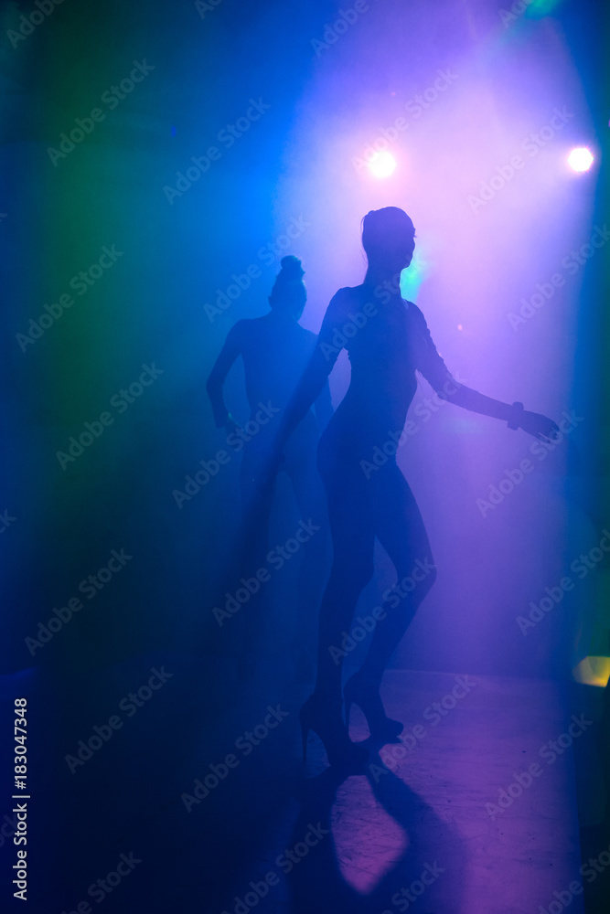Silhouette of go go dancer. Dance show at night club with colorful lights show. Performance show during night party. Silhouette of go go dancer. Dance show at night club with colorful lights show. Performance show during night party.