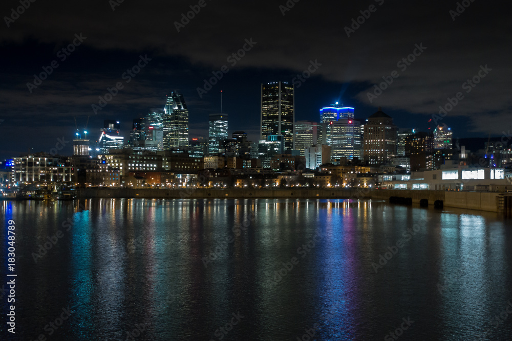 Montreal Downtown Skyline Night River Reflection