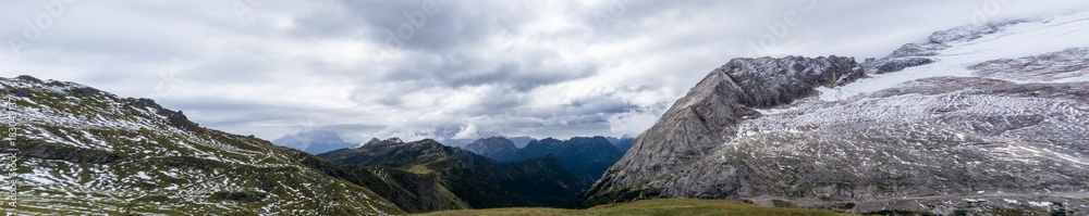 panorama view of the Marmalade and Pass Fedaia in the Italian Dolomites