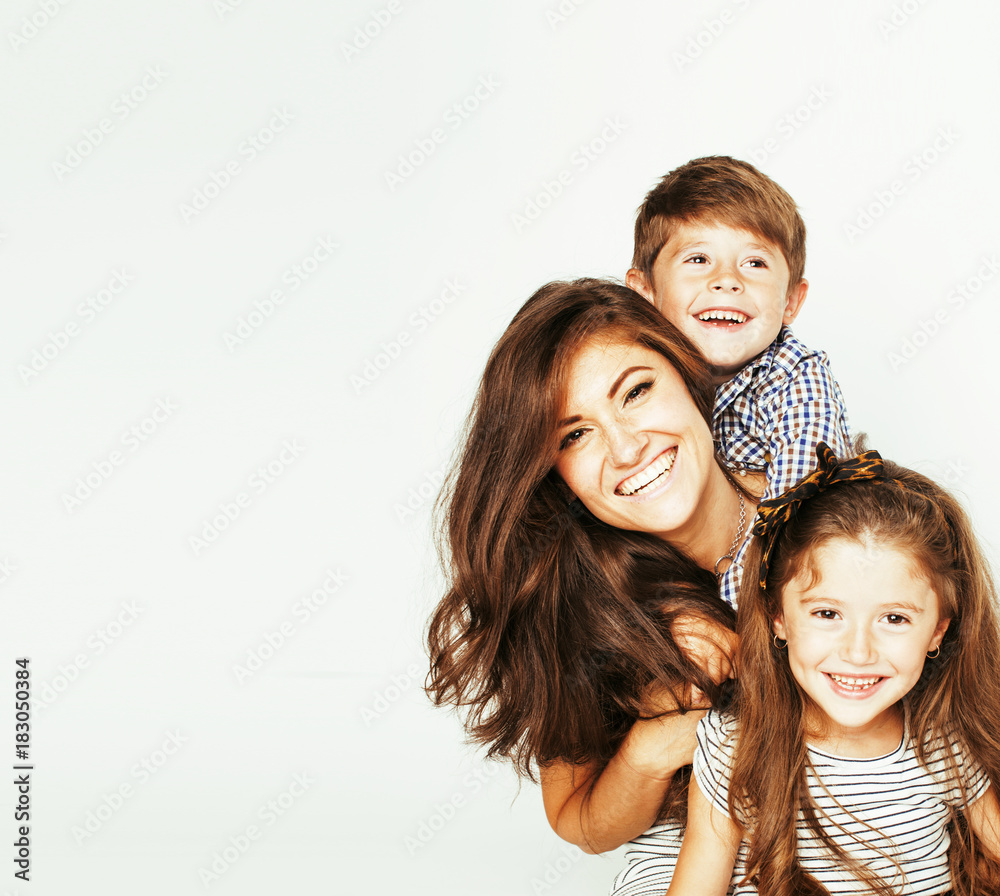 young mother with two children on white young mother with two children on white