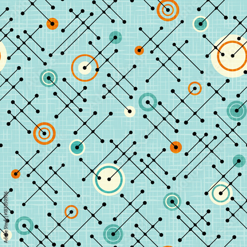 Seamless 1950s retro pattern of lines and circles for fabric design, wrapping paper, backgrounds. Linen texture overlay.