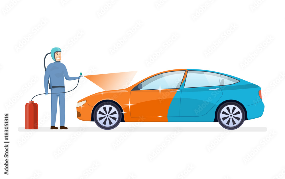 Mechanic, service center employee, engaged dyeing car in new color. Mechanic, service center employee, engaged dyeing car in new color.