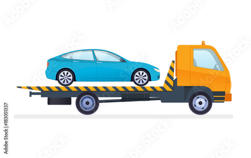 Tow truck is transporting car to service center, fine-parking lot.