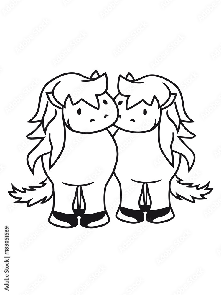 Obraz premium paar pärchen liebe verliebt küssen 2 freunde vorne kleines süßes niedlich pony fohlen junges baby kind comic clipart cartoon pferd