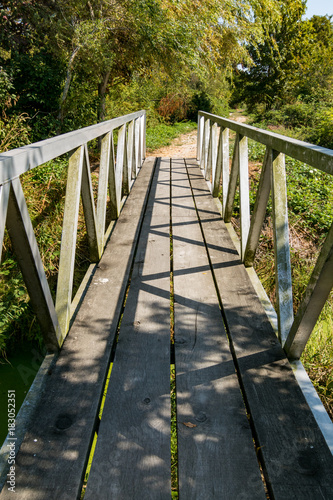 Fototapeta Naklejka Na Ścianę i Meble -  tiny bridge in the park under the sun with zigzag shadow