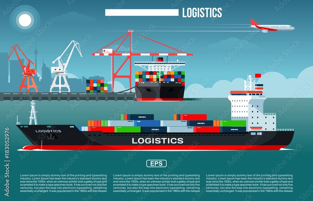 Fototapeta premium Cargo sea port with cargo freight ships & harbour port cranes also flying jet in the sky & city on background