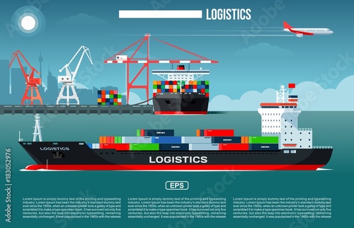 Cargo sea port with cargo freight ships & harbour port cranes also flying jet in the sky & city on background