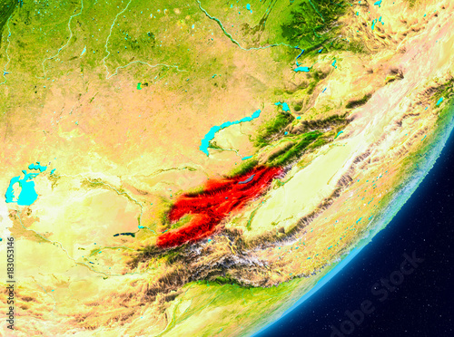 Orbit view of Kyrgyzstan in red