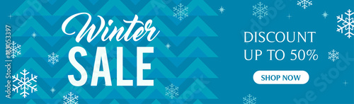 Winter sale banner vector illustration, snowflakes on abstract blue pattern background