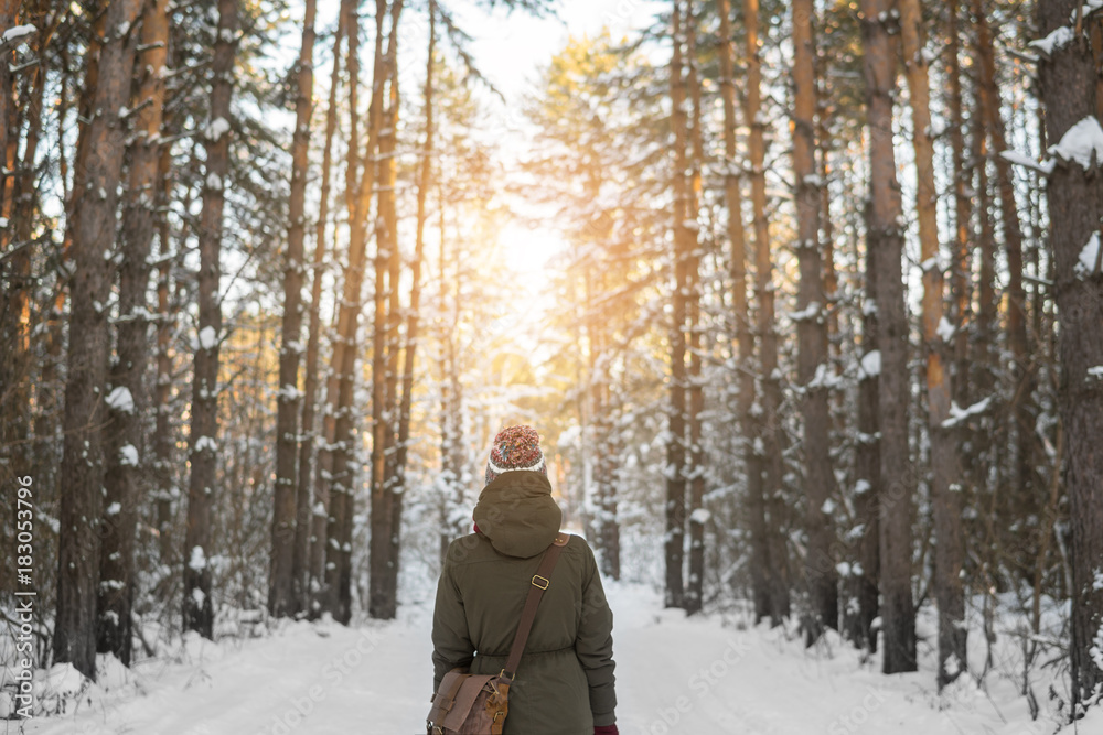 Woman walks a winter forest with the morning light streaming through the trees and illuminating the pine trees behind.