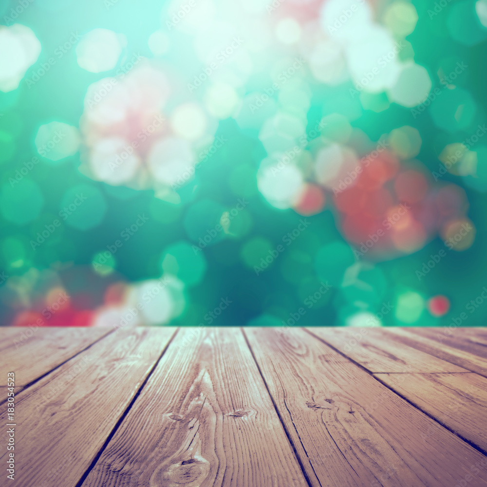 Christmas holiday retro background with rustic table over bokeh for product montage Christmas holiday retro background with rustic table over bokeh for product montage
