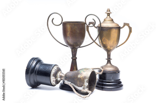 three of old trophy isolated on white background