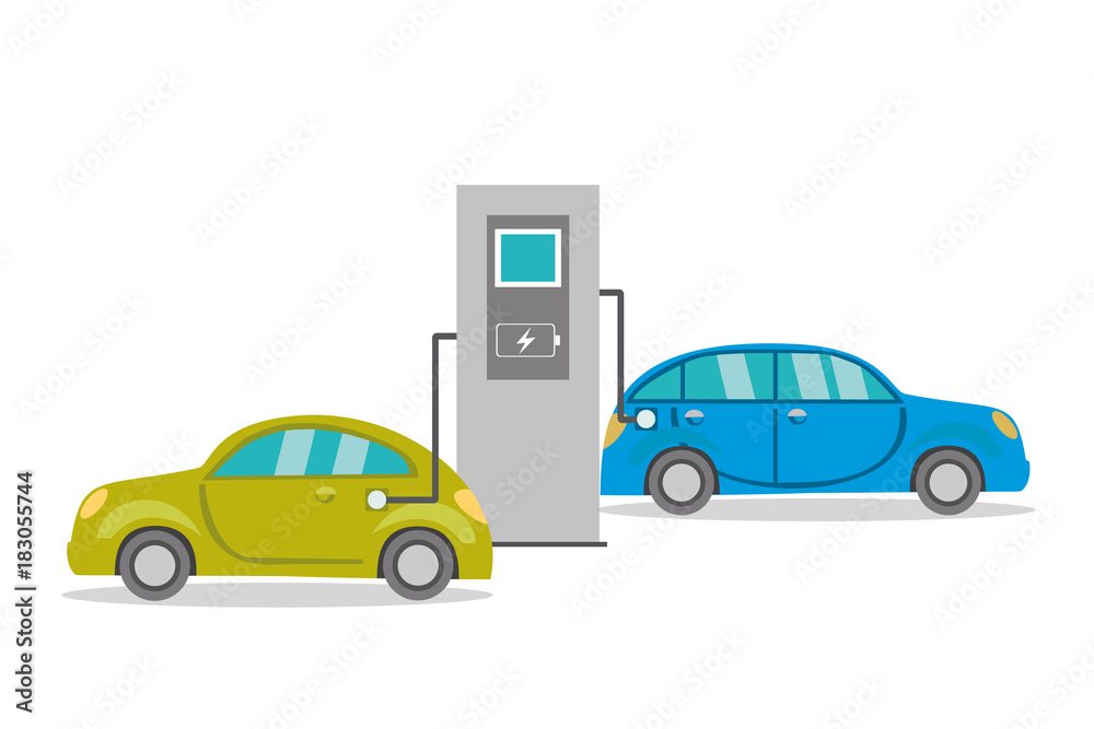 Cartoon electric cars on recharging, Cartoon electric cars on recharging,