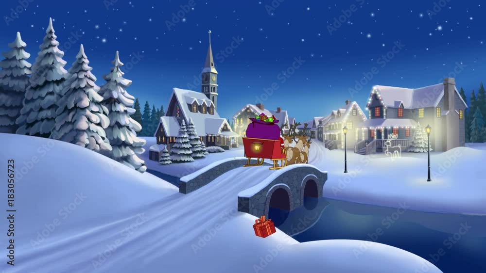 Merry Christmas in town. Christmas animated card with Hares and Santa in tnown