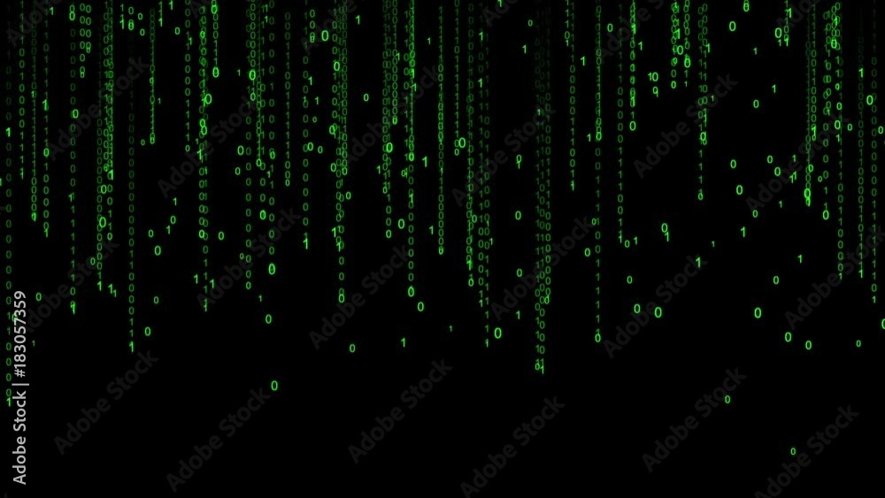 Binary rain. Abstract backdrop background. Digital Data Stream Matrix Effect. Green numbers digits zero ones streams. Seamless loop. Stream start and finish from clear screen.