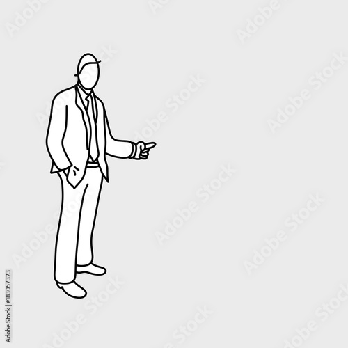Businessman pointing to empty copy space vector illustration doodle sketch hand drawn with black lines isolated on gray background. Business concept. Editable artwork.