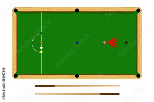 Flat cartoon snooker table, billiard ball set, brown wooden table and cue isolated on white background, vector illustration