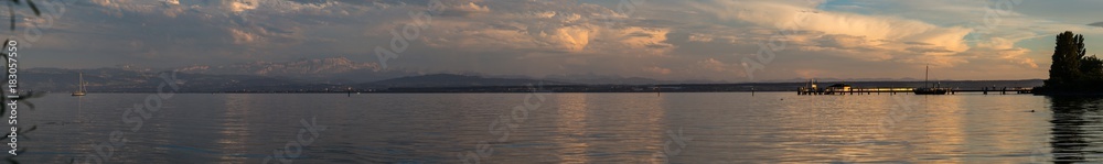 Evening panorama landscape of the Lake Constance or Bodensee in Germany