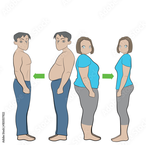 man and woman before and after weight loss. Perfect body symbol. Successful diet and fitness concept. Ideal for gyms, health and sport magazines.