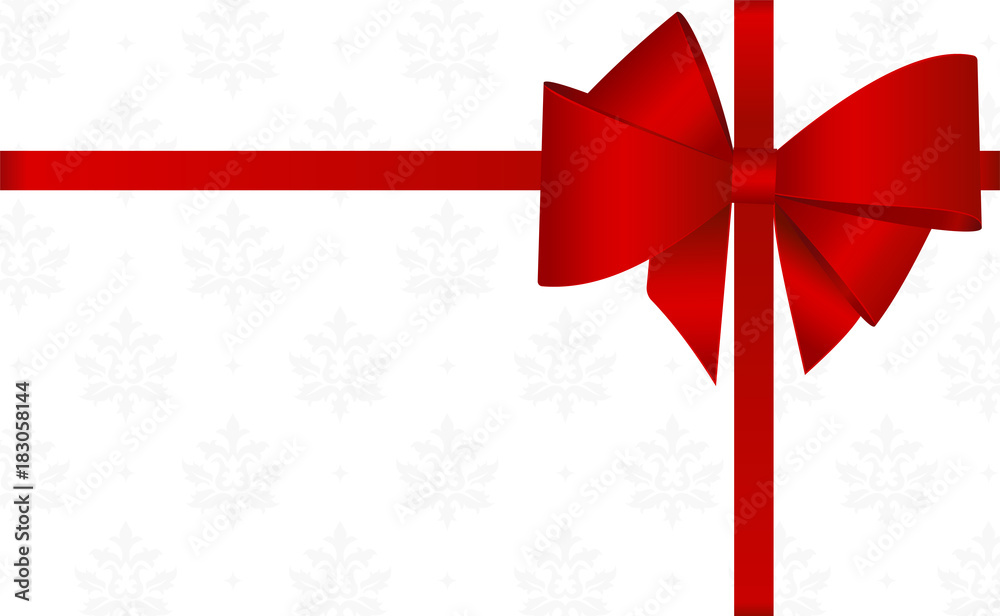 Invitation, Greeting or Gift Card With Red Ribbon And A Bow on white background. Gift Voucher Template with place for text. Invitation, Greeting or Gift Card With Red Ribbon And A Bow on white background. Gift Voucher Template with place for text.