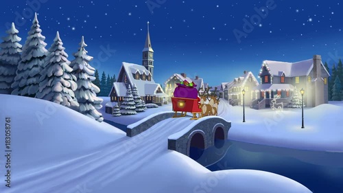 Santa Town Salute. Animation of Santa Claus and his Christmas reindeer in town