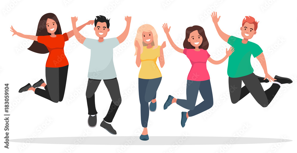 Group of young people jumping on white background. The concept of friendship, healthy lifestyle, success. Vector illustration in flat style. Group of young people jumping on white background. The concept of friendship, healthy lifestyle, success. Vector illustration in flat style.