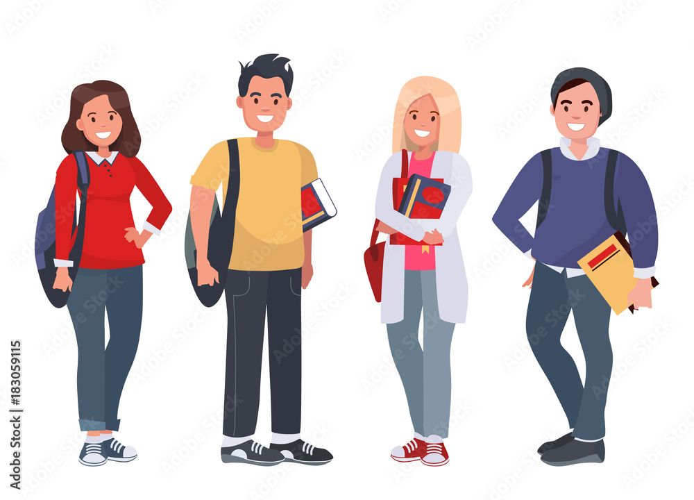 Happy students with books on an isolated background. Young people with books and backpacks. Vector illustration.