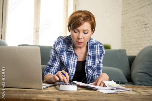 young woman banking and accounting home monthly and credit card