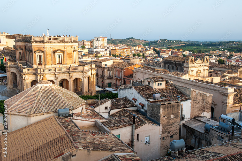 Noto Unesco world heritage city hall, old buildings and landscape panoramic view, Sicily, Italy