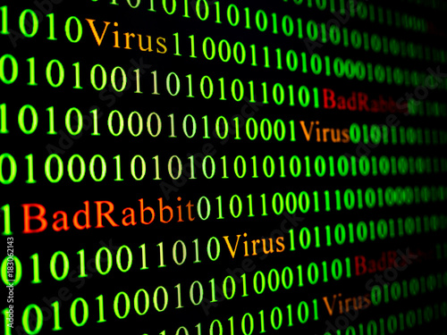 Concept of security and virus and Bad Rabbit Ransomware. Red text of Bad Rabbit and green binary code.