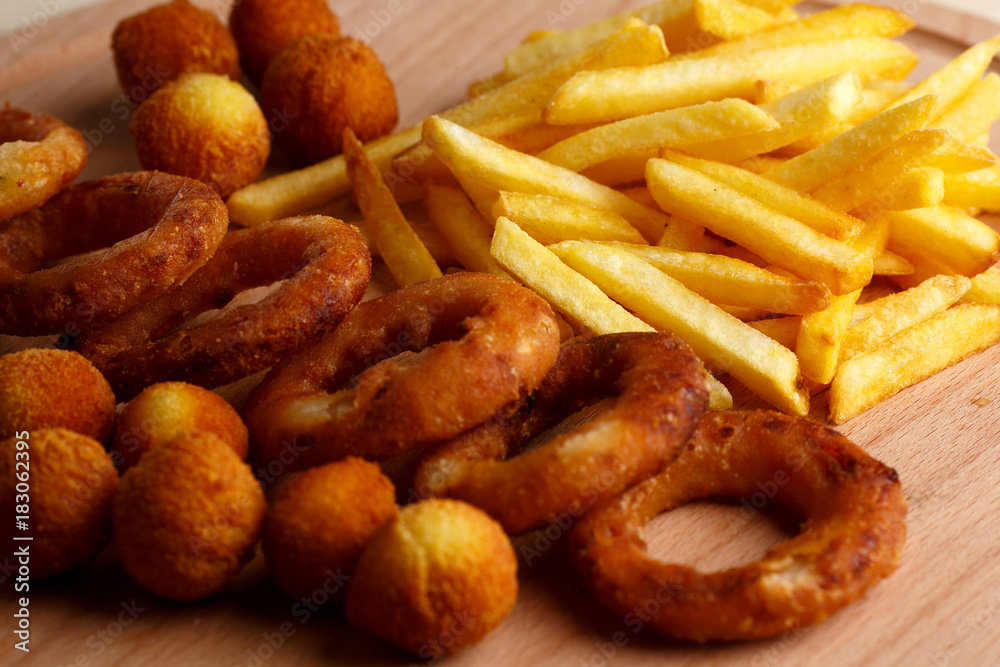 French fries on the wooden table