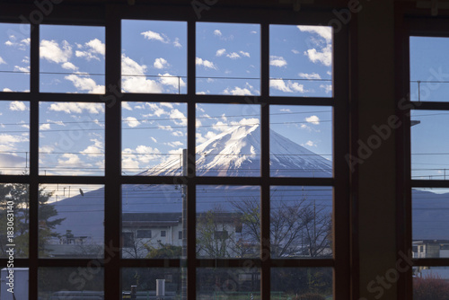 view of fuji mountain with snow cap in window frame  yamanshi  japan  winter season 