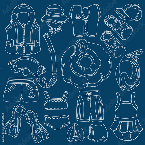 Doodle sketch swimming goods for kids. Vector illustration. Set.