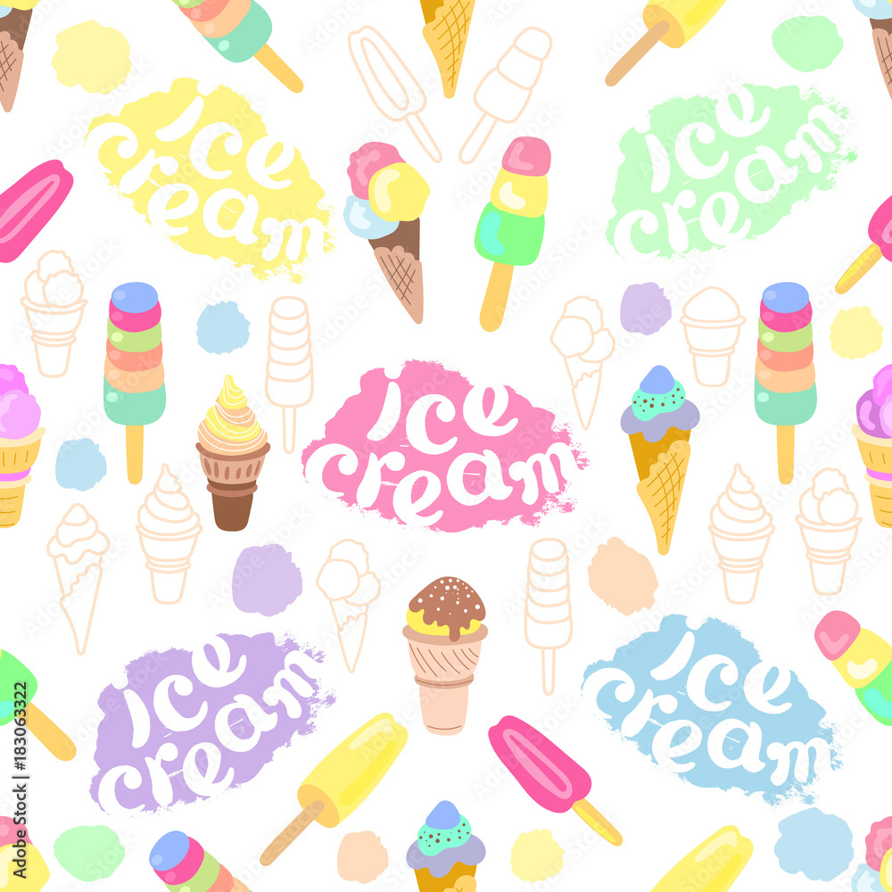 Seamless pattern of cartoon ice cream and lettering on white background. Seamless pattern of cartoon ice cream and lettering on white background.