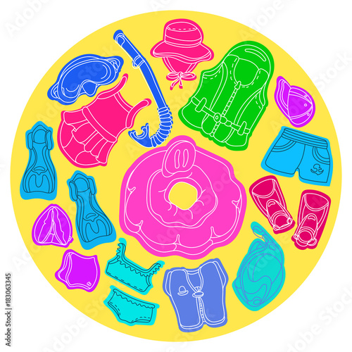 Set with swimming goods for kids. Vector color illustration in circle.