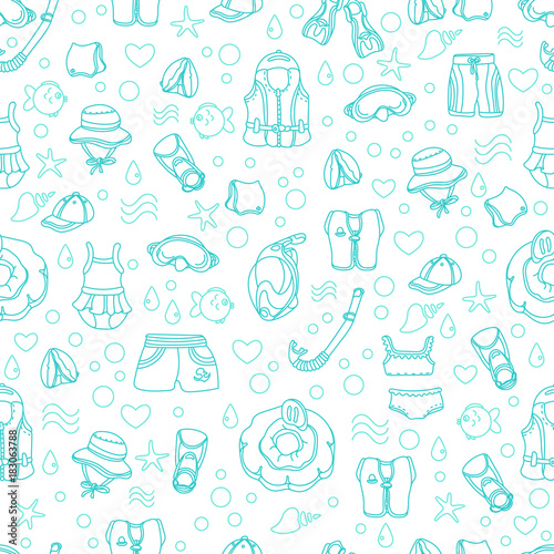Seamless pattern of swimming goods for children. Vector. Art line Illustration.
