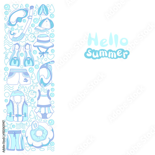 Template with swimming goods for kids. Lettering. Vectot illustration.