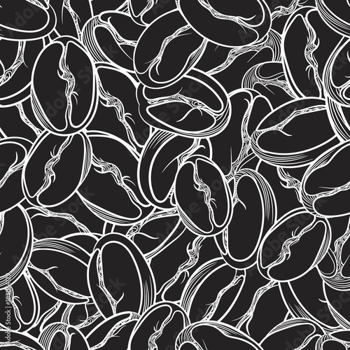 Seamless pattern of white coffee beans on black background. Vector