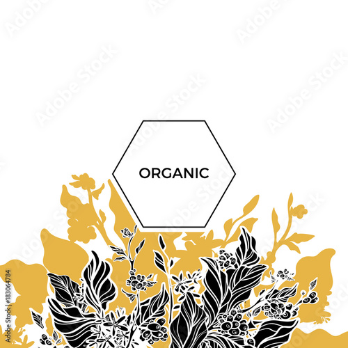 Trendy template. Organic. Coffee branches with leaves, flowers and natural coffee beans. Silhouette. Vector