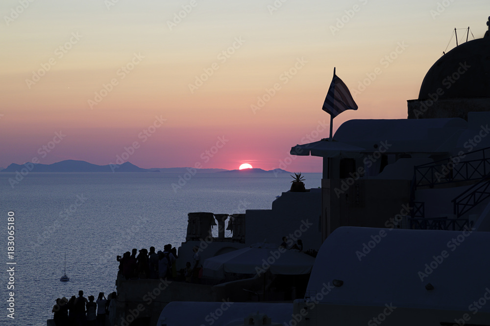 Sunset over Oia town on Santorini island, Greece