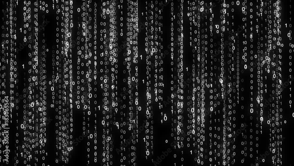 Binary rain. Abstract backdrop background. Digital Data Stream Matrix Effect. White numbers digits zero ones streams with rotation. Matrix effect.